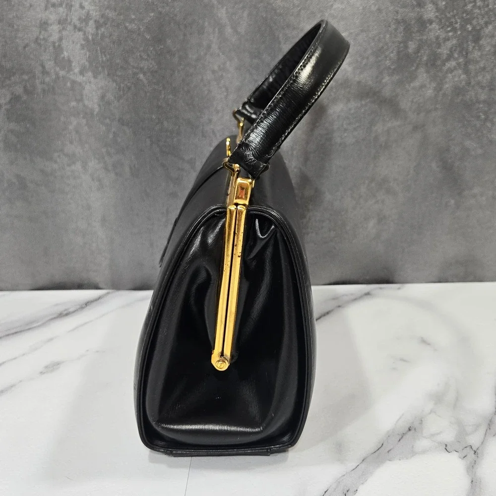 VTg 50s 60s Black Leather Kelly Frame Handbag Top Handle Purse Canada Mad Men